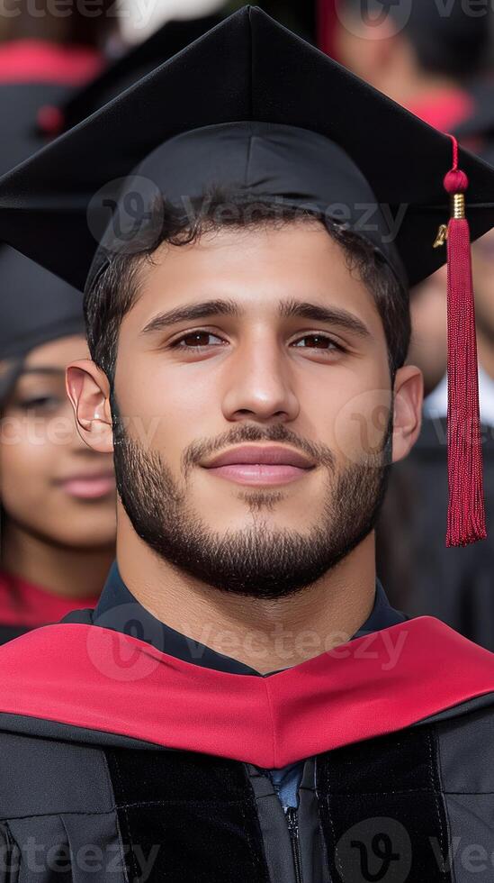 A man in a graduation cap and gown with a red tassel photo