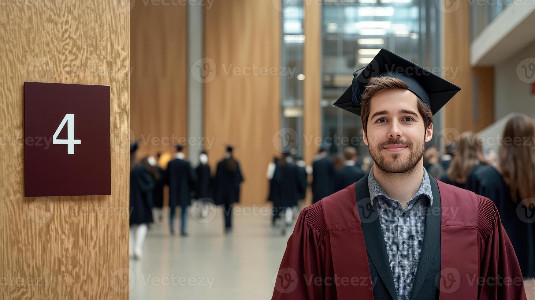A man in a graduation gown and cap stands in front of a number four photo