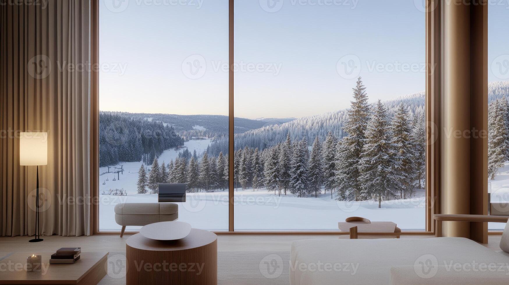 A modern bedroom with a view of the mountains photo