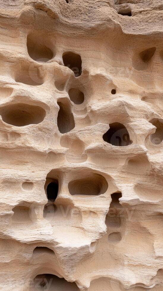 A close up of a rock formation with holes photo
