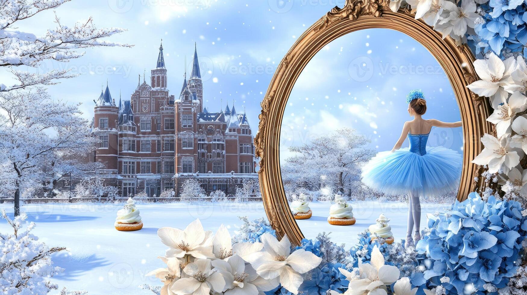 A ballerina in a blue tutu is looking at a mirror in front of a castle photo