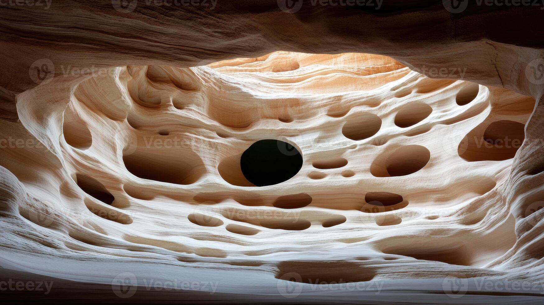 A person standing in a cave with a hole in it photo