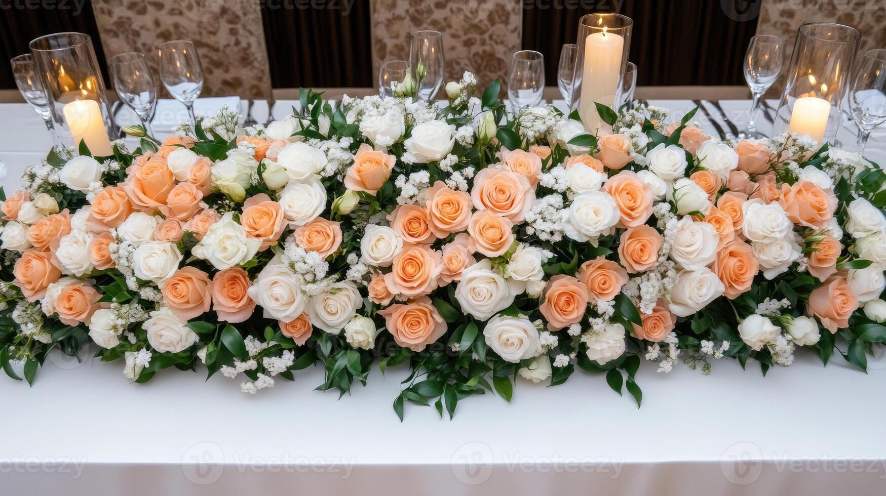 A table with white and orange roses and candles photo