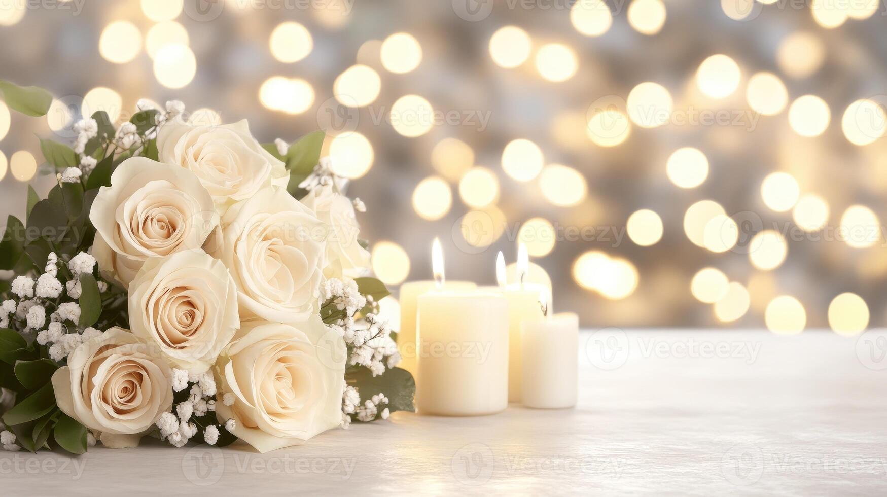 White roses and candles on a table with a blurred background photo