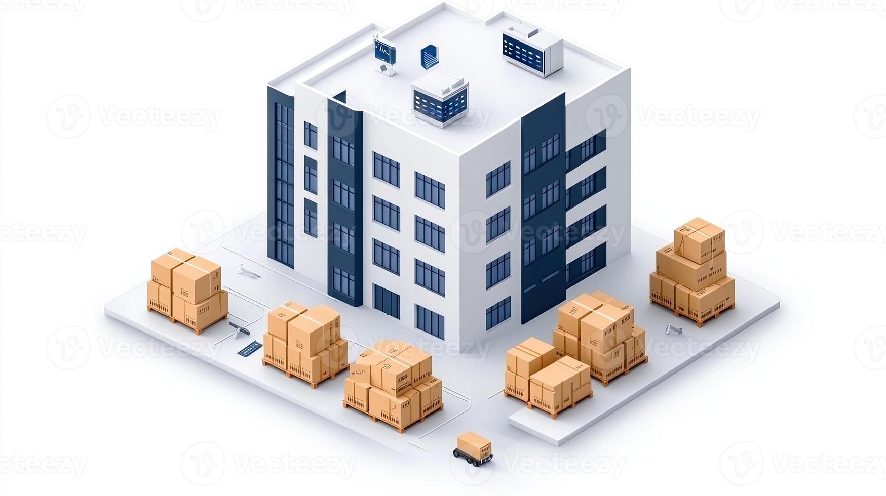Isometric view of a building with boxes and pallets photo