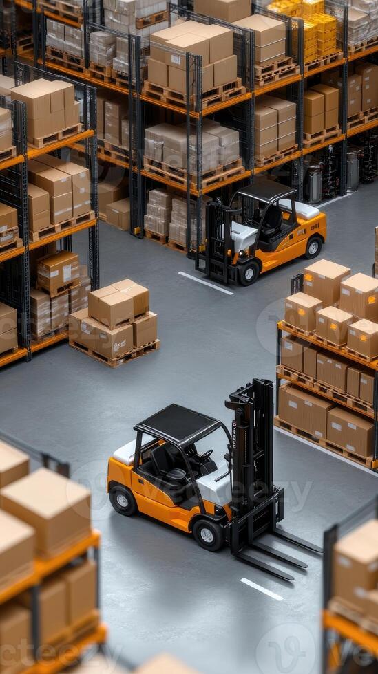 A forklift truck is driving through a warehouse photo