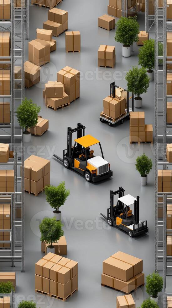 3d rendering of forklift trucks and boxes in a warehouse photo
