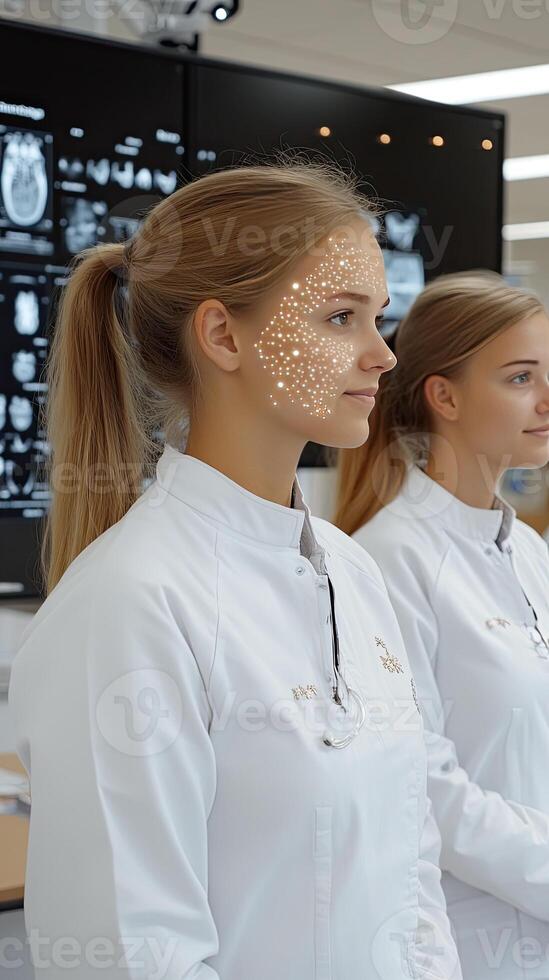 Two women in white lab coats standing in front of a large screen photo