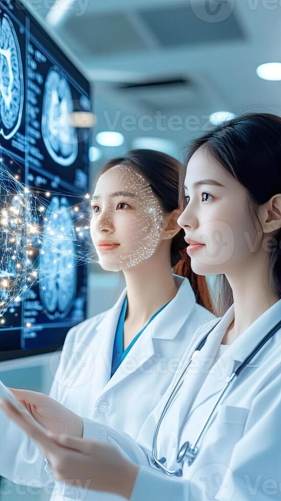 Two doctors looking at a screen with a brain image photo