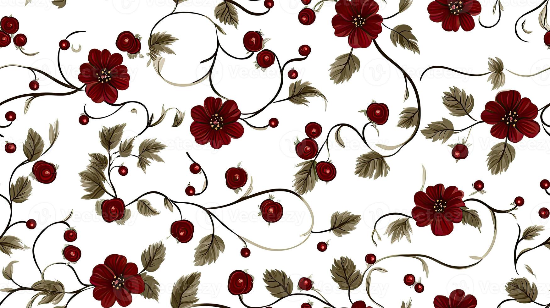 A floral pattern with red flowers and leaves photo