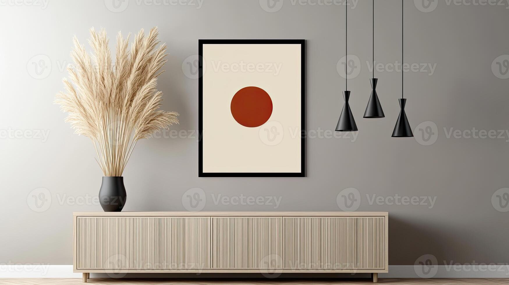 A modern living room with a large framed picture photo