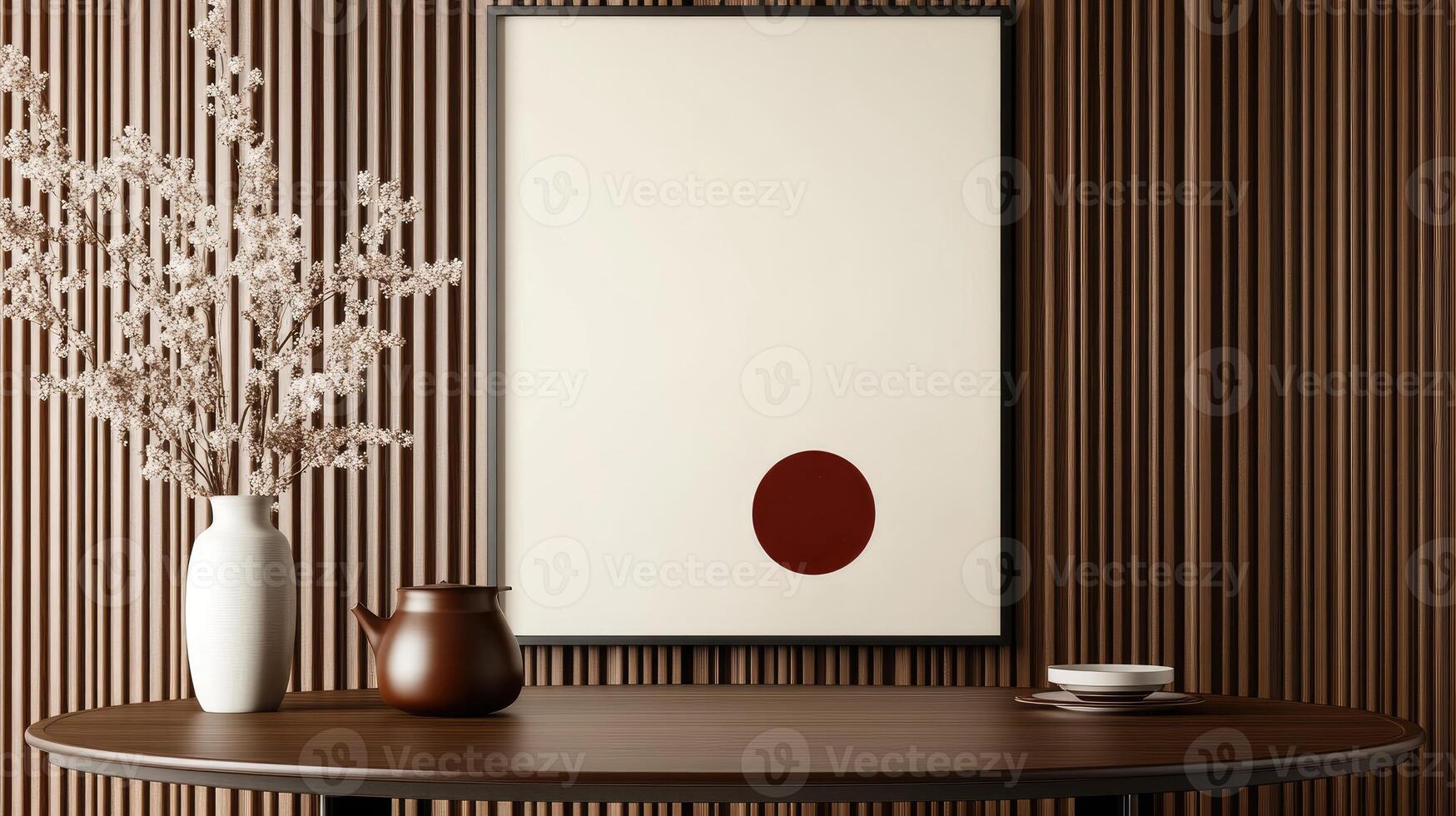 A wooden table with a vase and a mirror photo