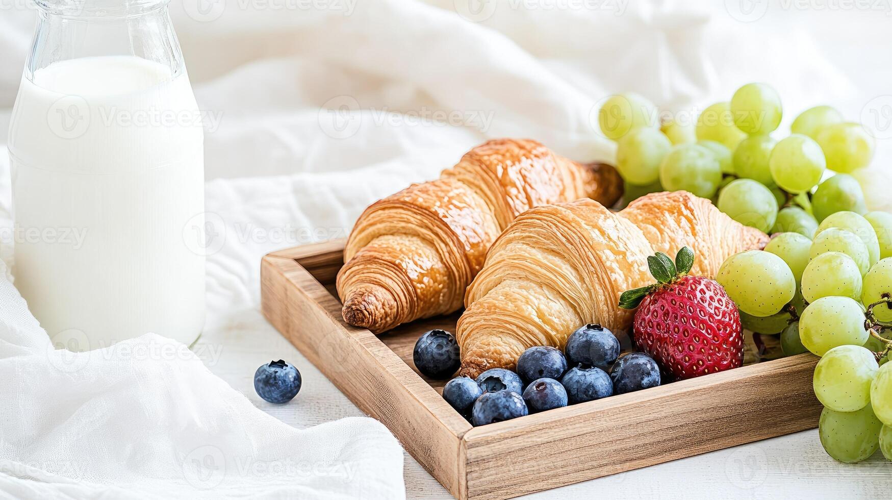 Croissants, grapes, and milk on a tray photo