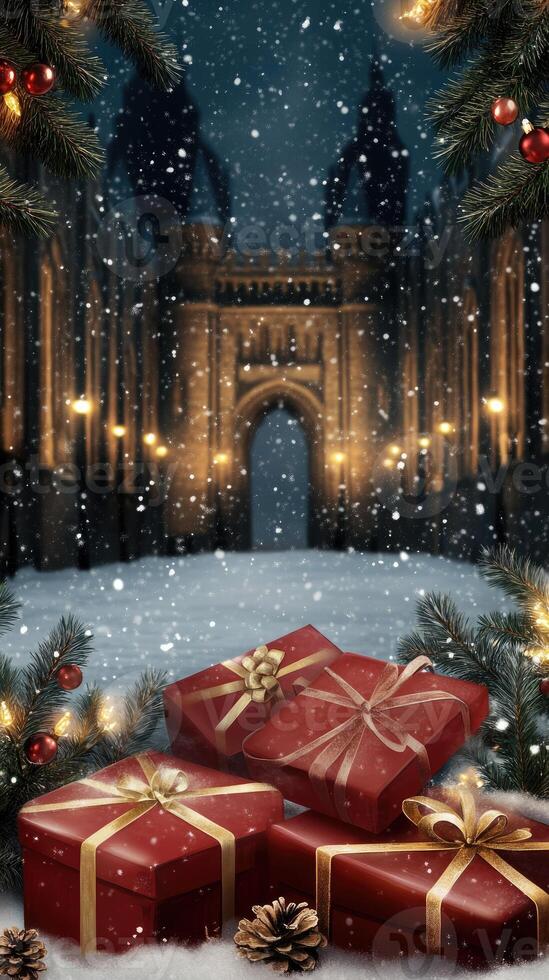 Christmas background with presents and christmas tree photo