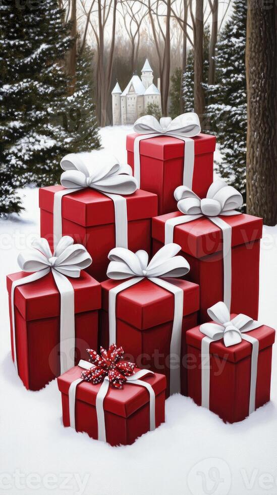 A group of red gift boxes in the snow photo