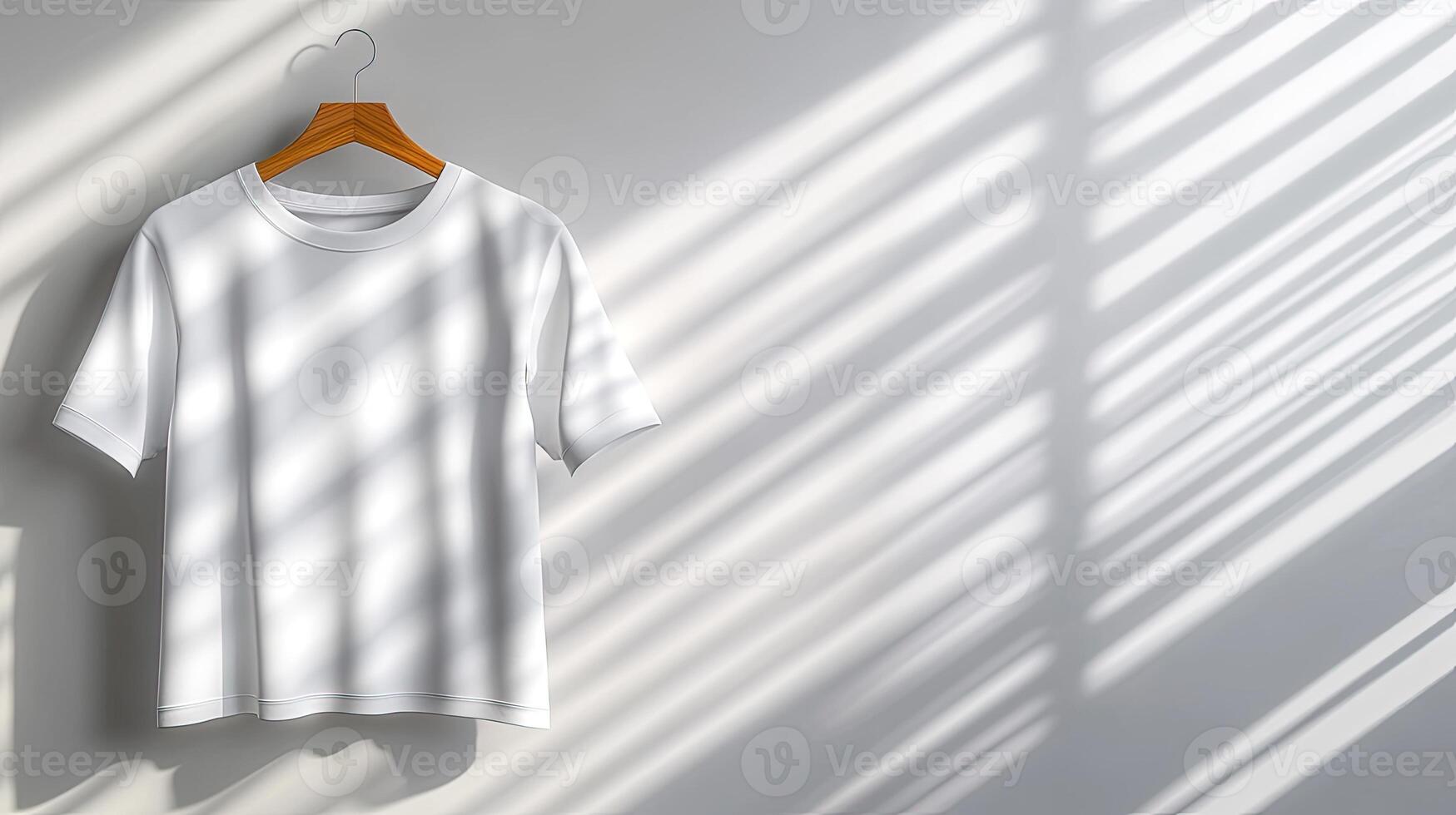 White t - shirt hanging on a hanger in front of a wall photo