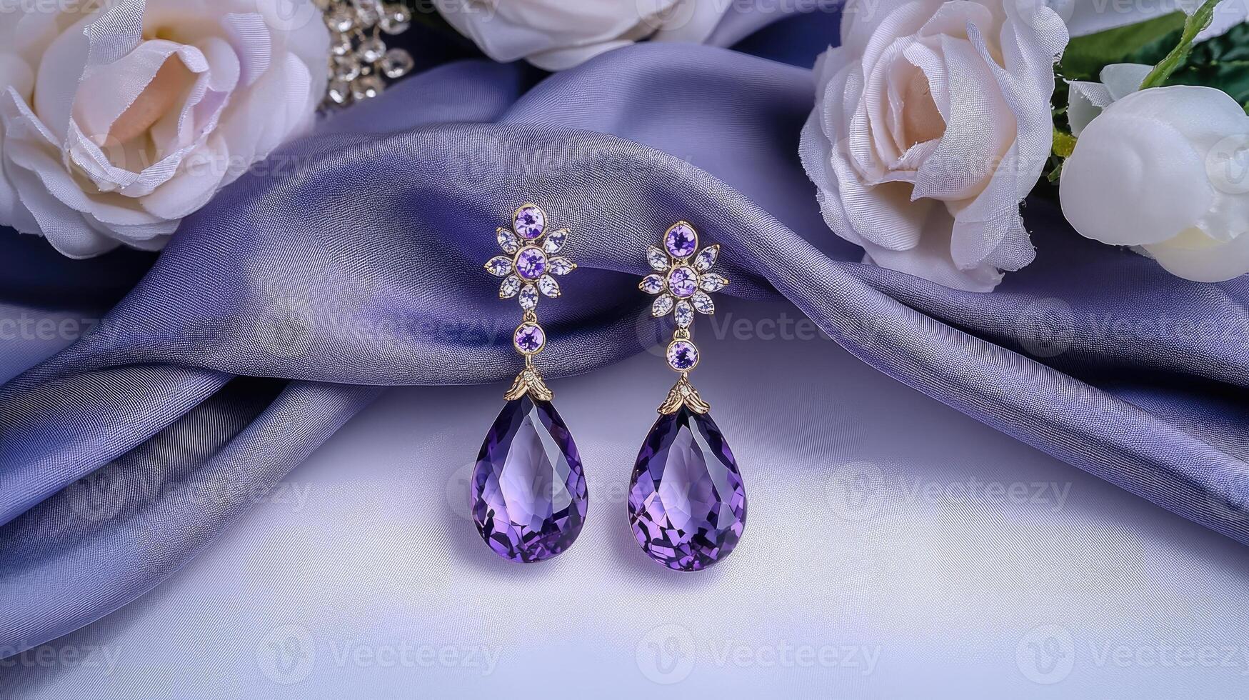 Purple earrings with diamonds on a blue cloth photo
