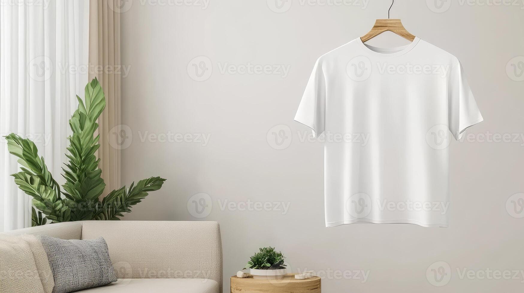 White t - shirt hanging on a wooden hanger in a room photo