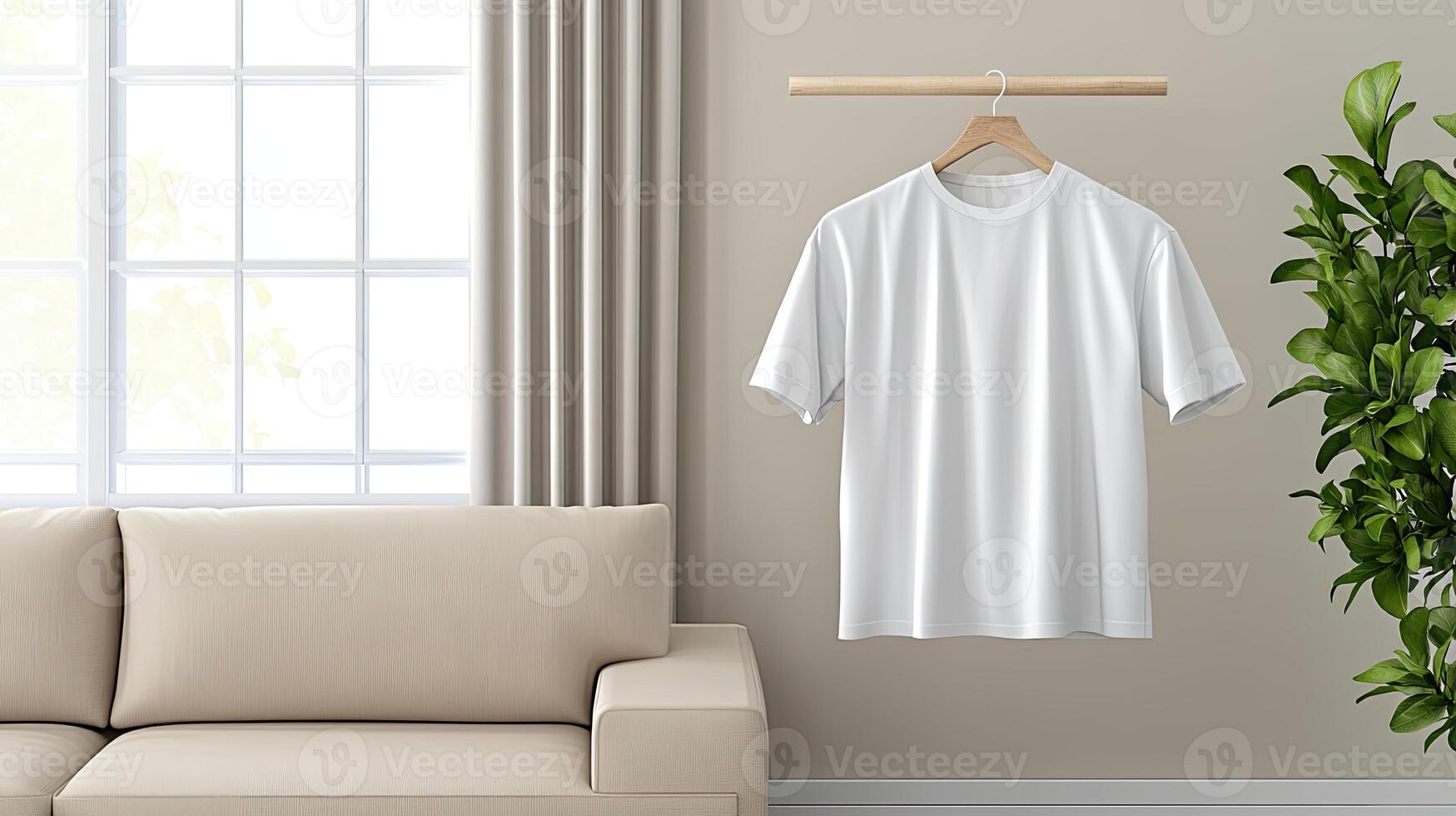A white t - shirt hanging on a wooden hanger in front of a window photo
