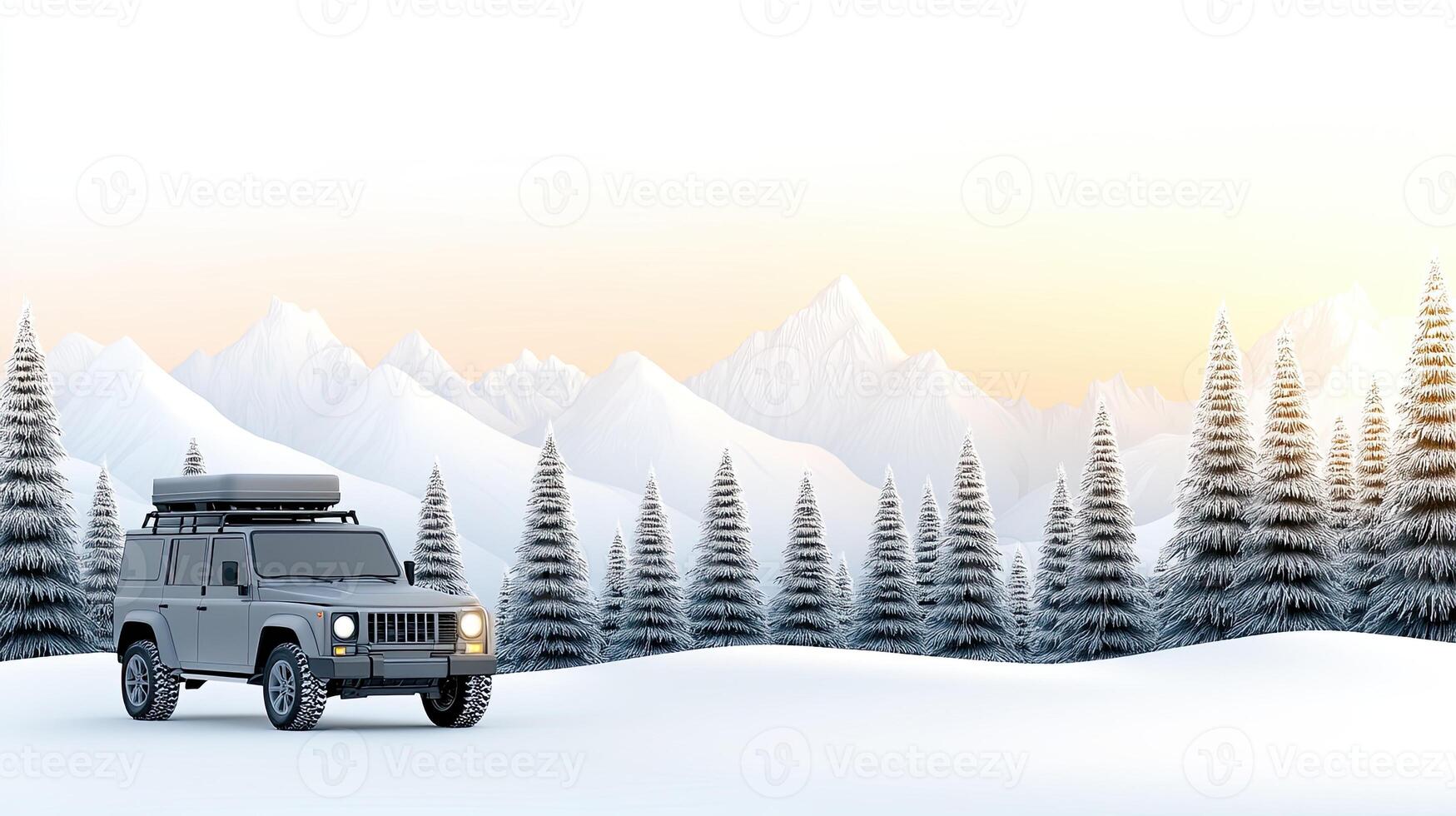 Land rover defender in the snow with mountains in the background photo