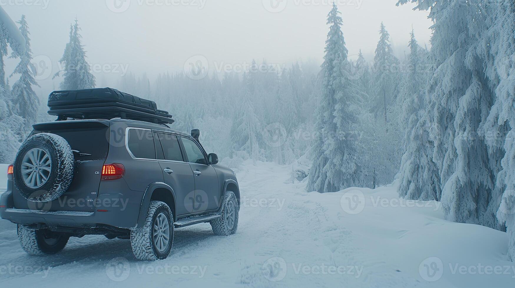 A car driving through the snow with luggage on top photo