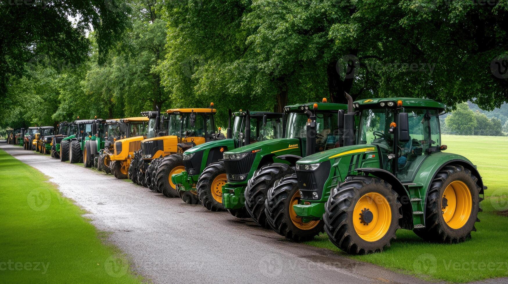 A row of tractors parked in a field photo