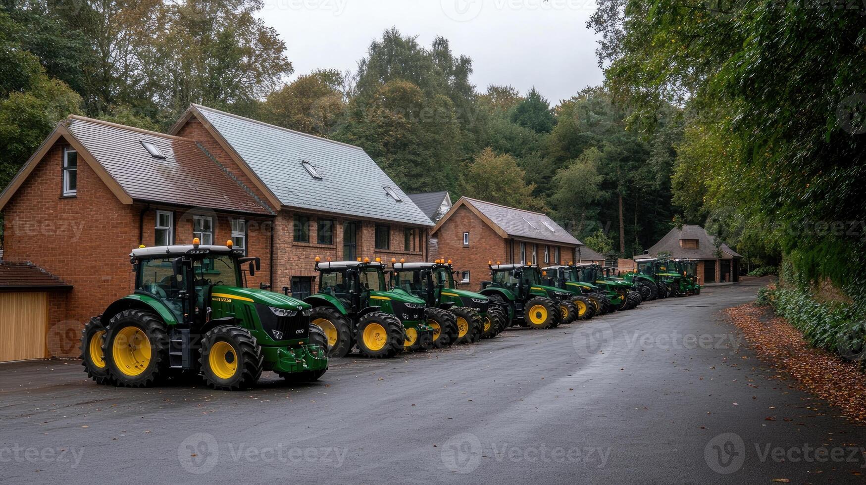 A row of tractors parked in front of a house photo