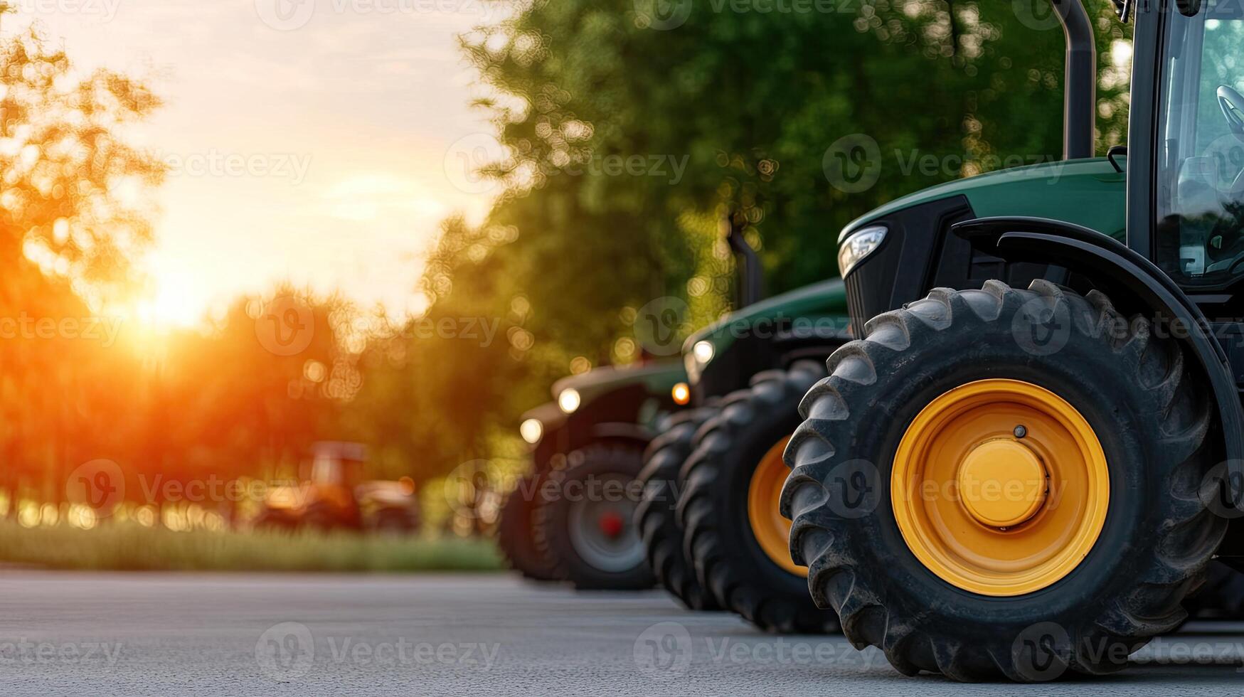Tractors parked in a row at sunset photo