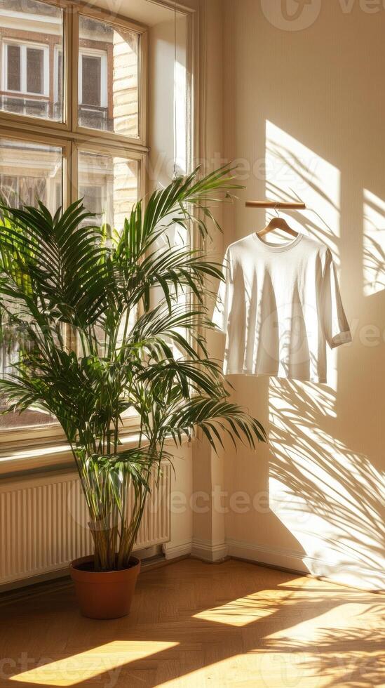 A white shirt hanging on a clothes rack in front of a window photo