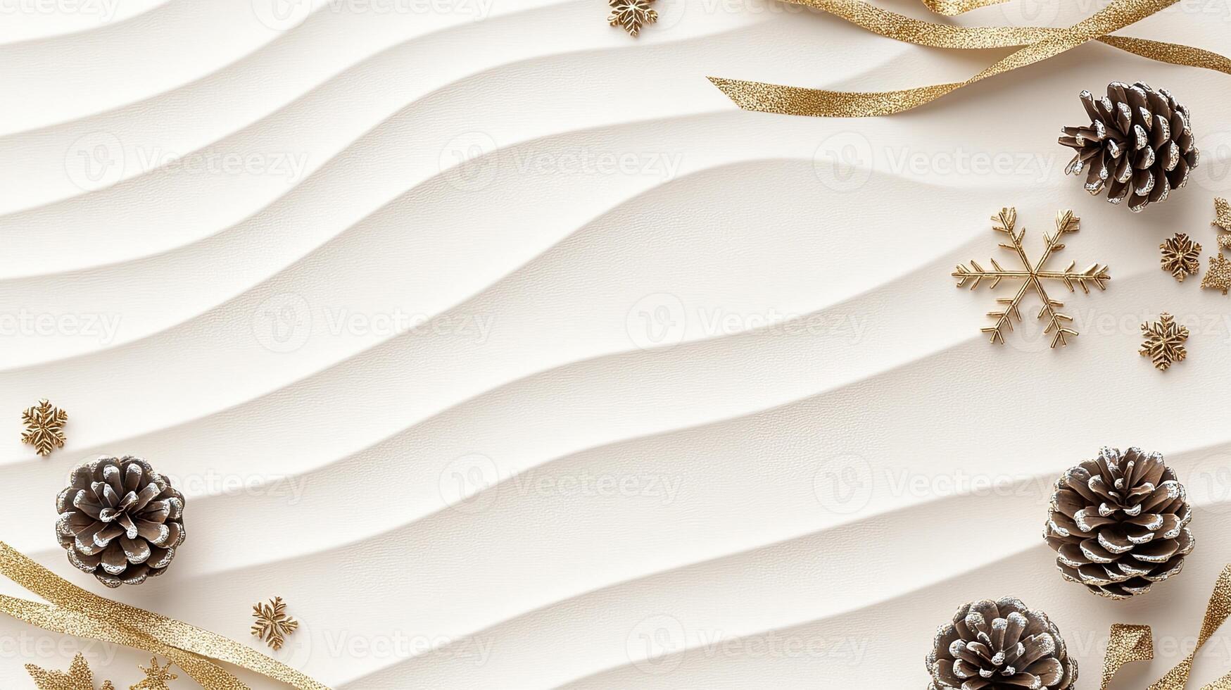 Christmas wreath with gold ribbon and pine cones on white paper photo