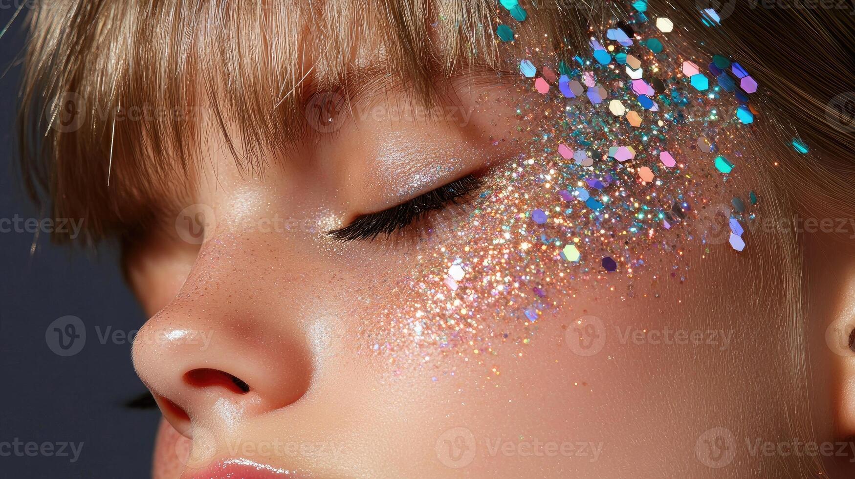 A close up of a young girl with glitter on her face photo