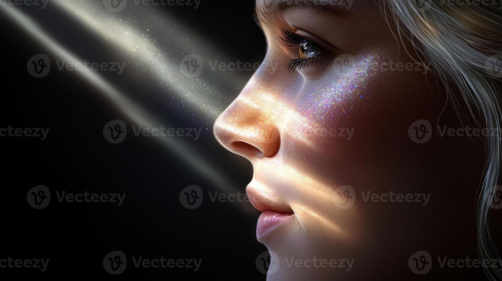 A woman with glitter on her face and a sun shining on her photo
