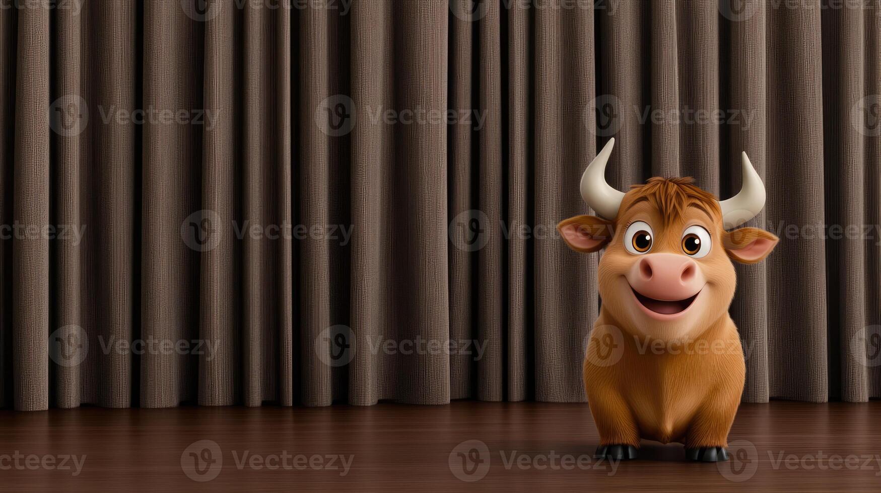A cartoon cow standing in front of a curtain photo