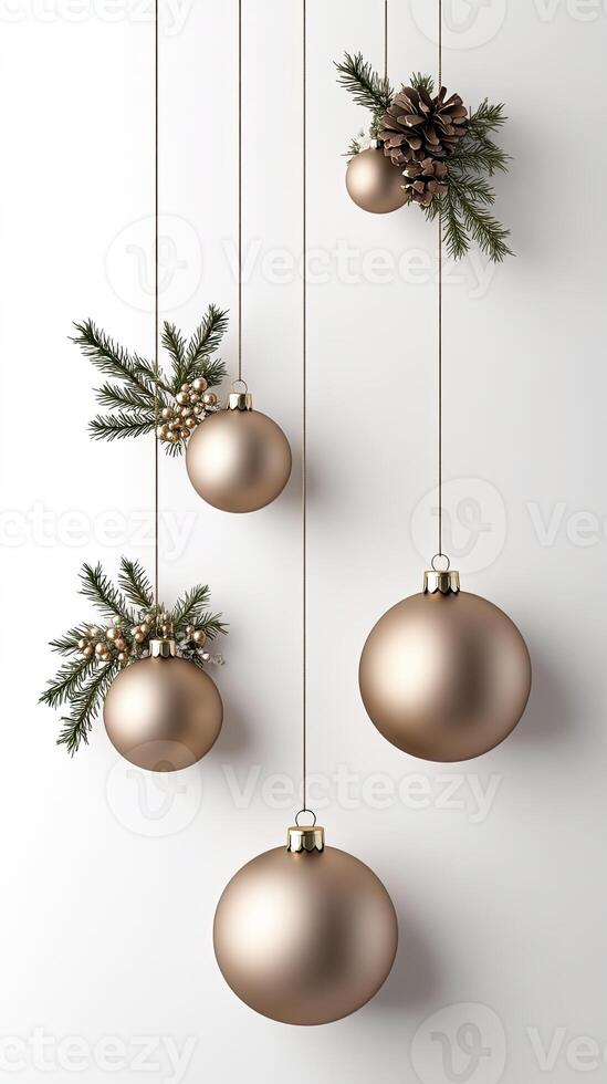 Three golden christmas balls hanging from a white wall photo