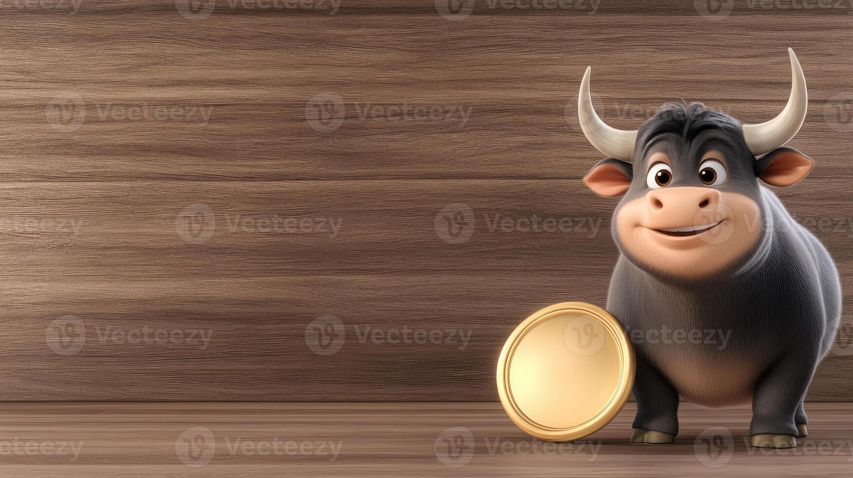 Bull with gold coin on wooden background photo