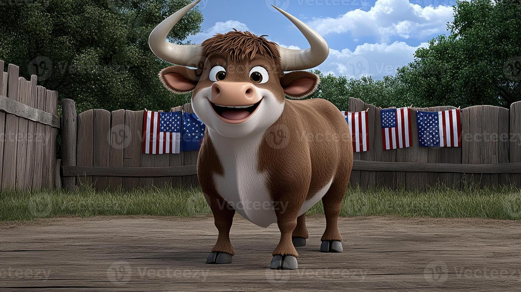 A cartoon cow standing in front of a fence photo