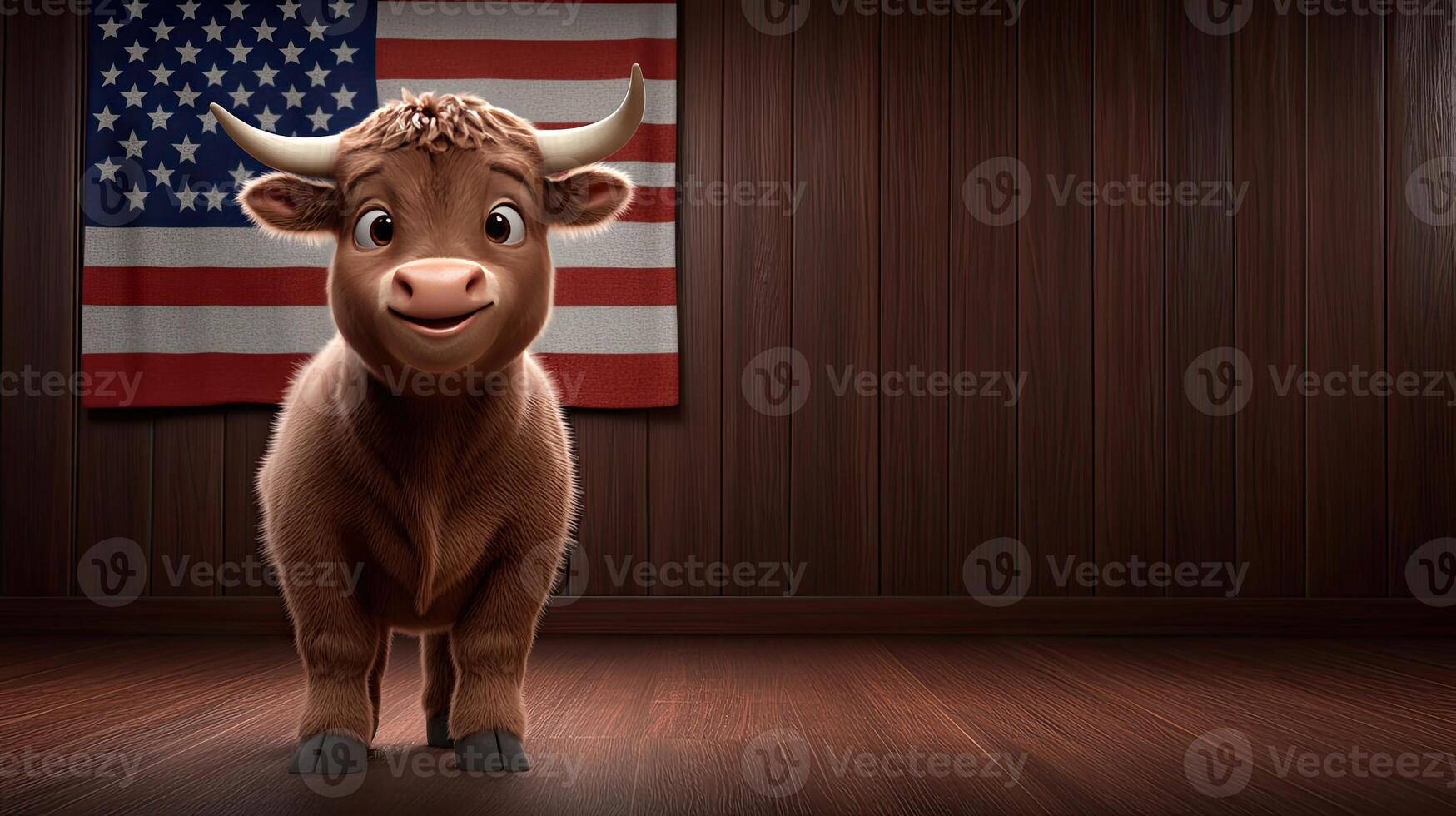 A cow standing in front of a flag photo