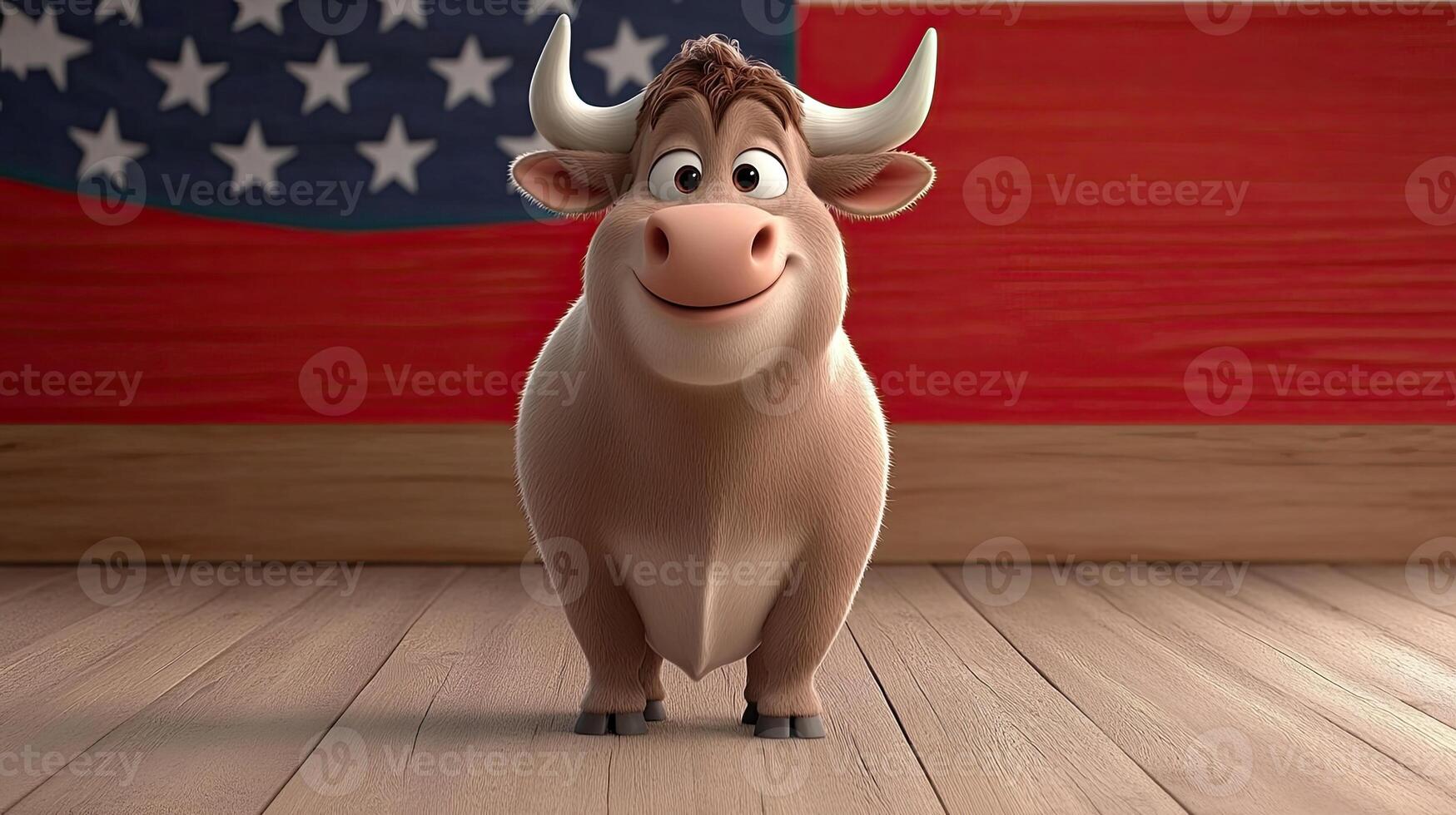 A cartoon cow standing in front of an american flag photo