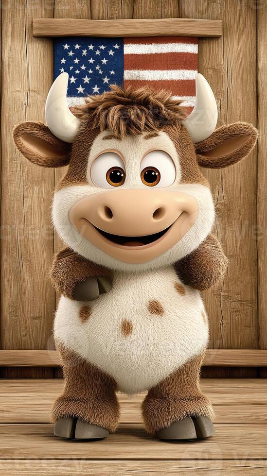 A cartoon cow with an american flag on a wooden floor photo