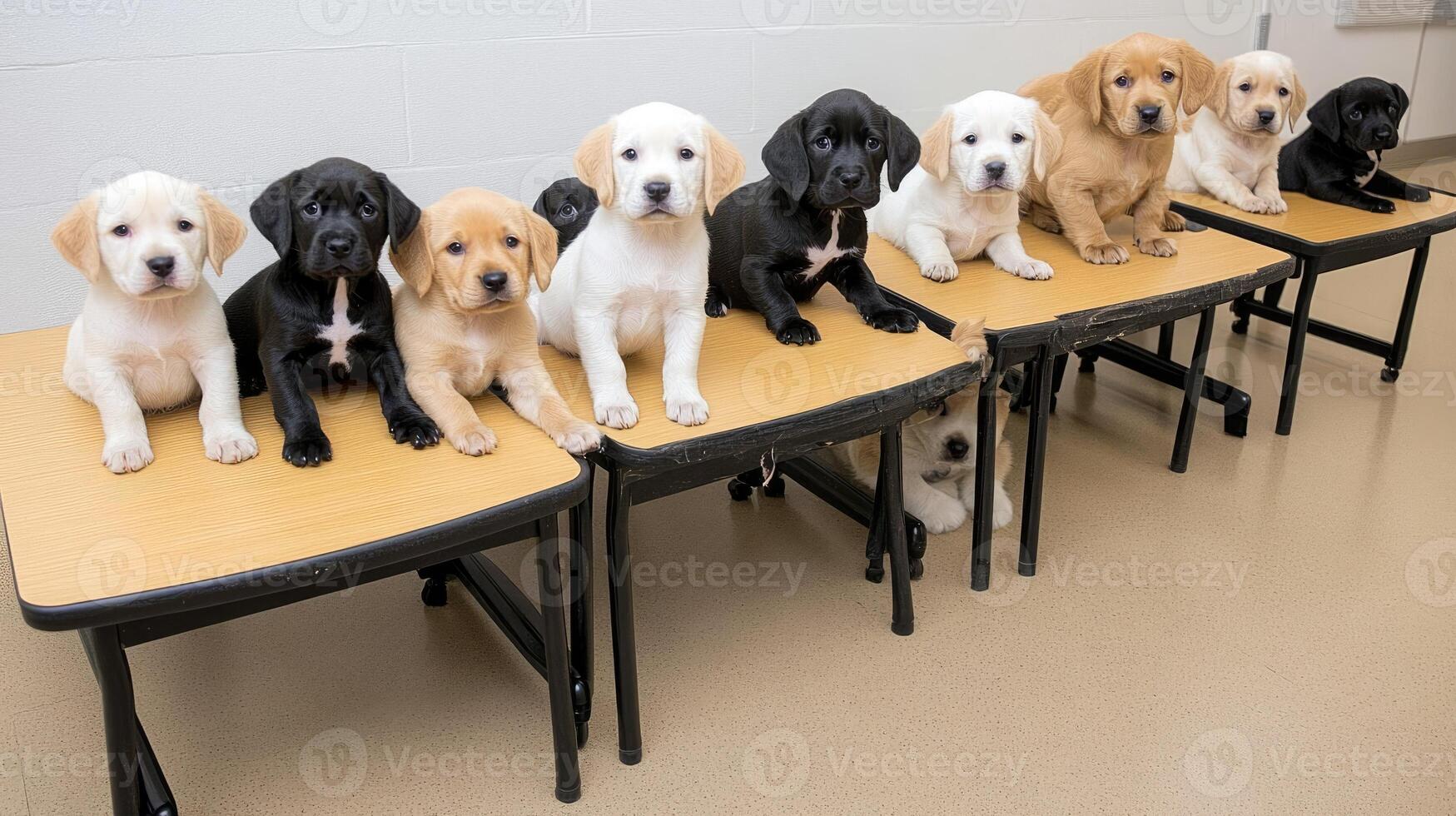 A group of puppies sitting on top of desks photo