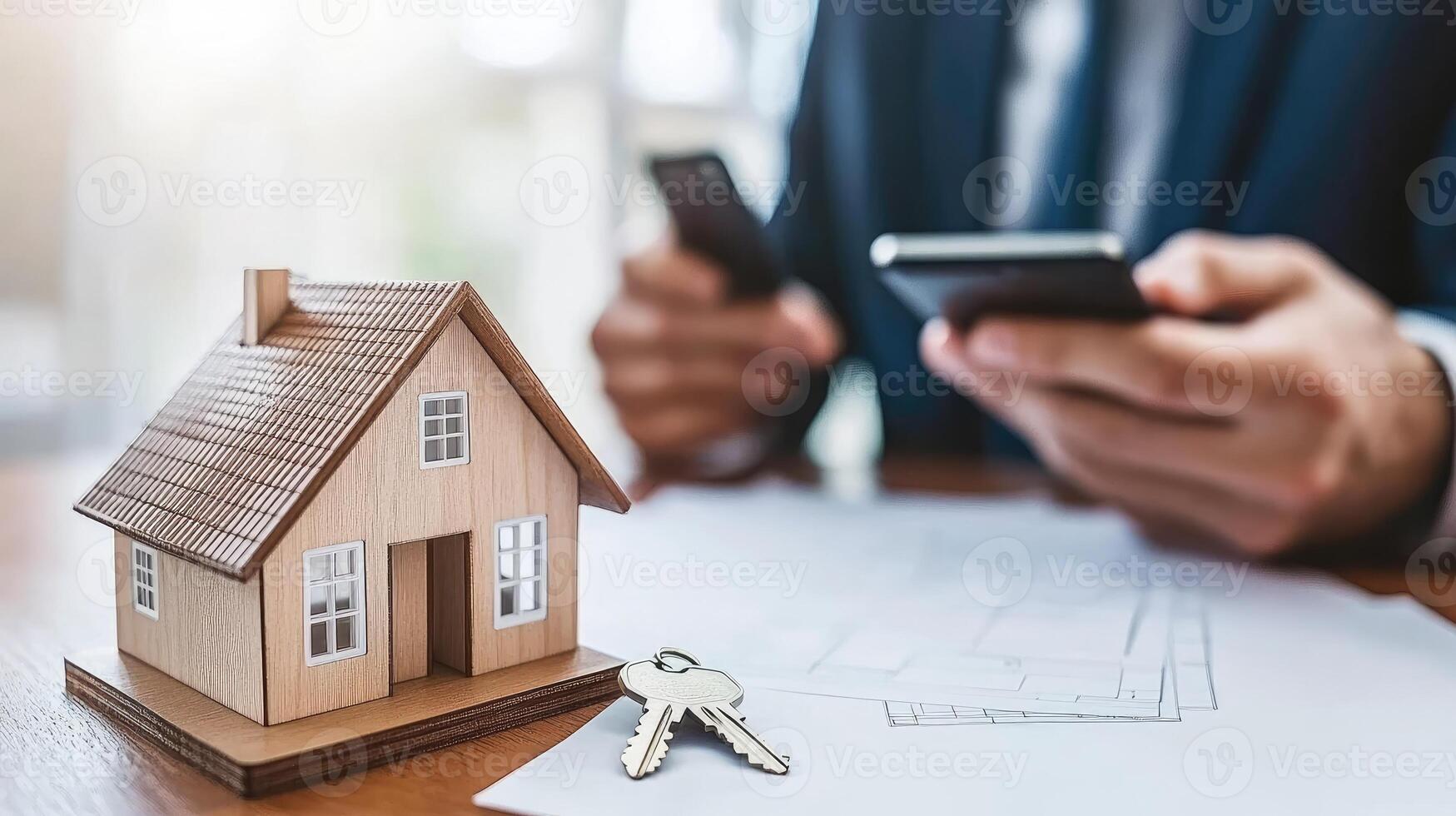 Man in business suit holding keys and looking at house model on table photo