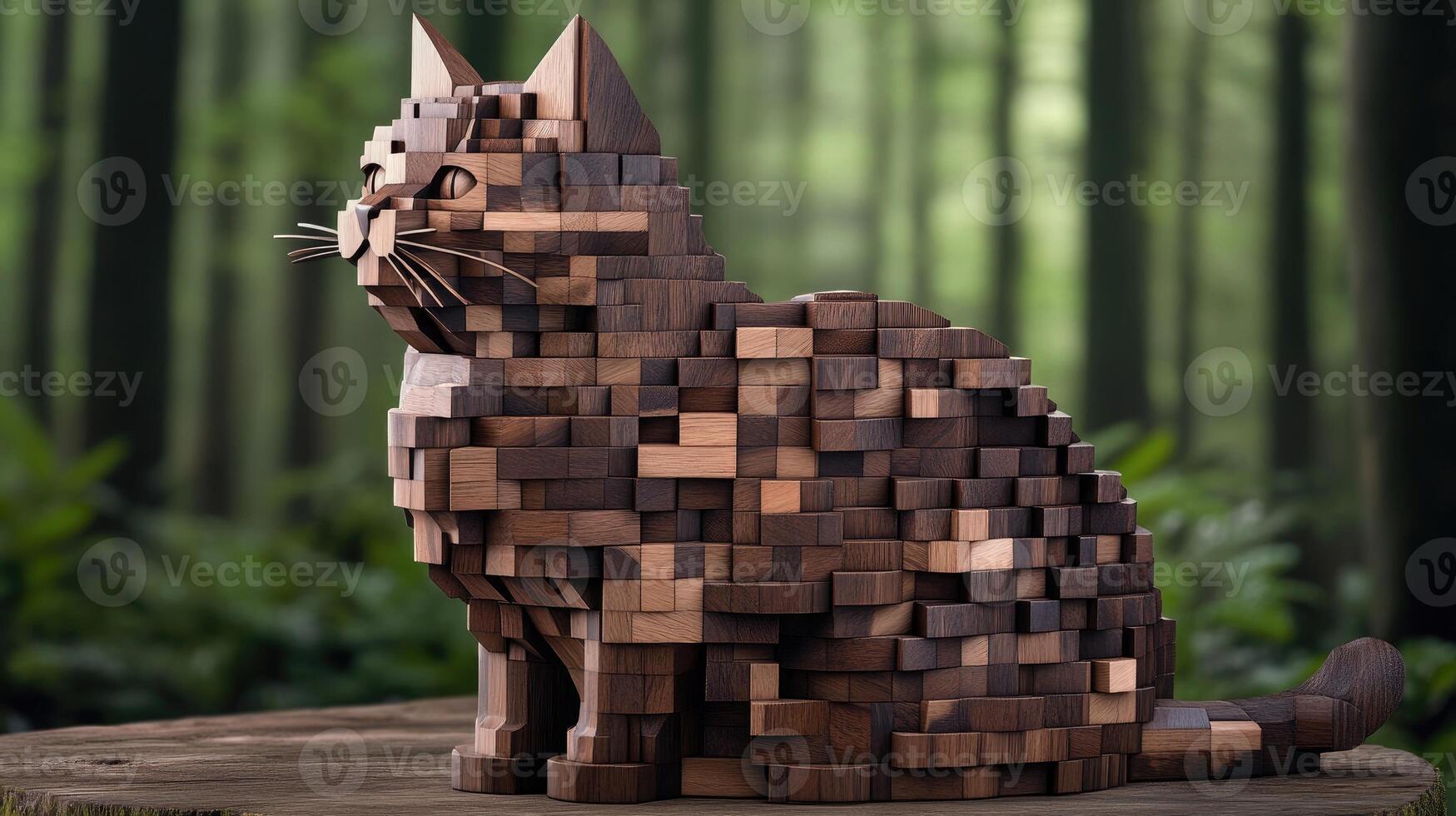 A wooden sculpture of a cat made from blocks photo