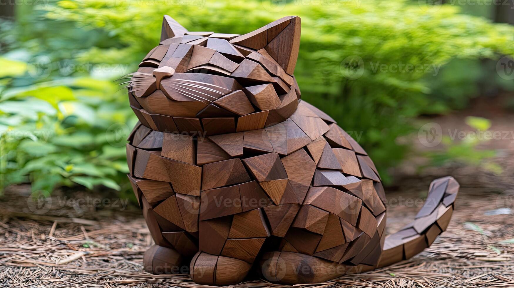 A wooden sculpture of a cat made from pieces of wood photo
