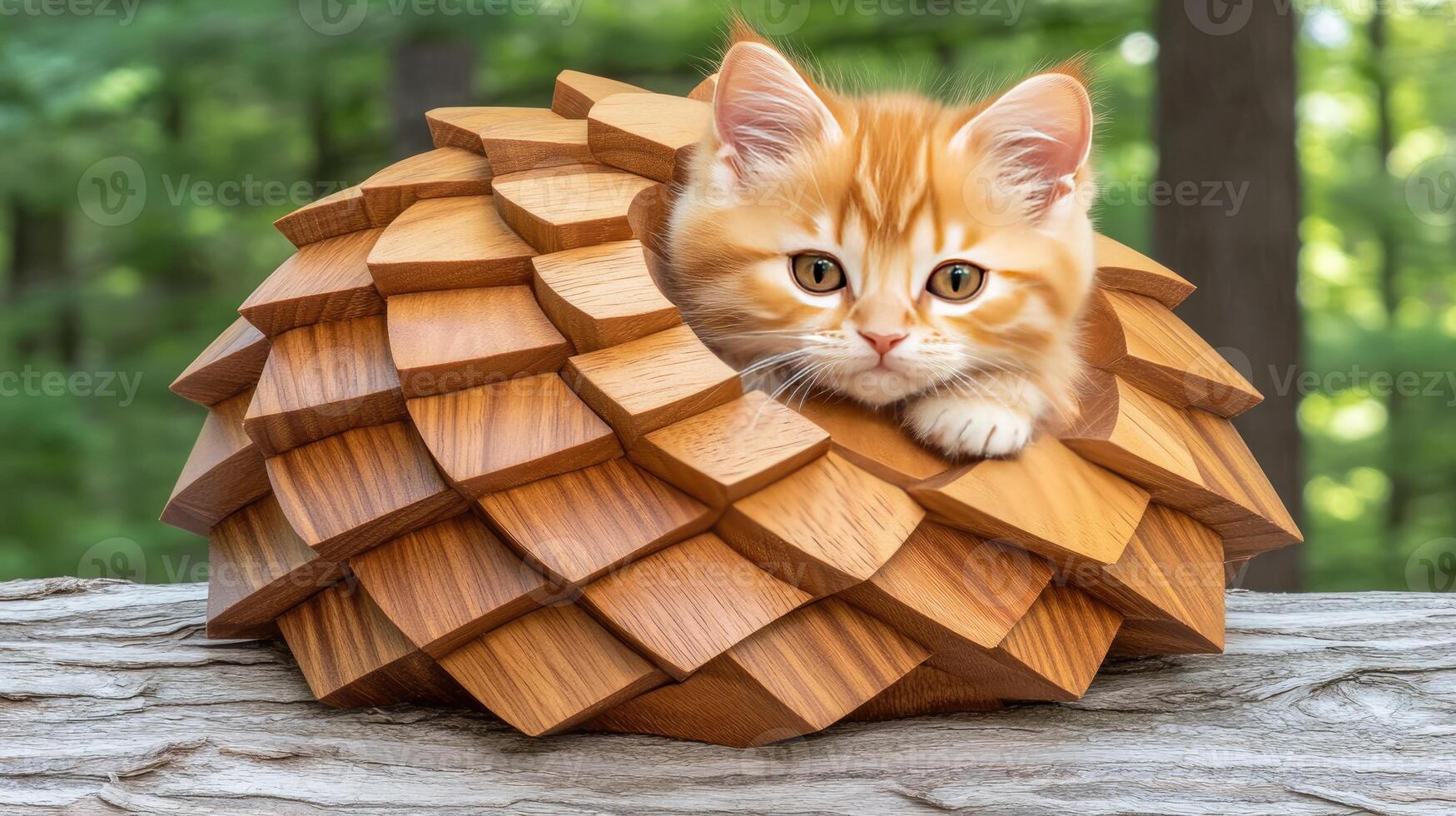 A kitten is sitting inside of a wooden ball photo
