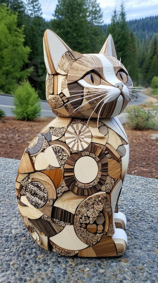 A wooden sculpture of a cat with many different designs photo
