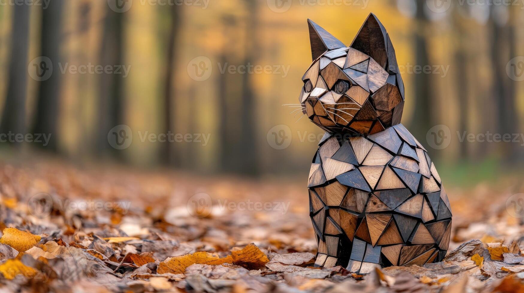 A wooden cat sculpture in the woods photo