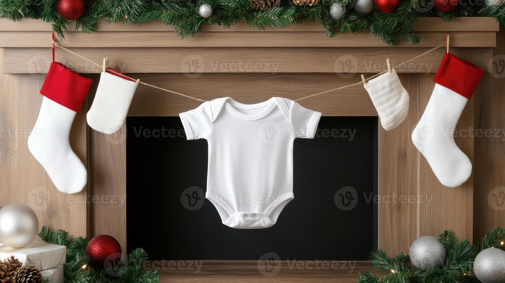 A baby's outfit hanging from a clothesline with stockings and christmas decorations photo
