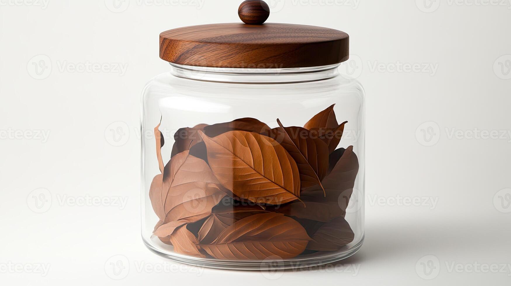 A jar filled with leaves on a white background photo