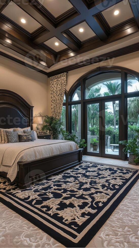 A large bedroom with a large bed and a large window photo
