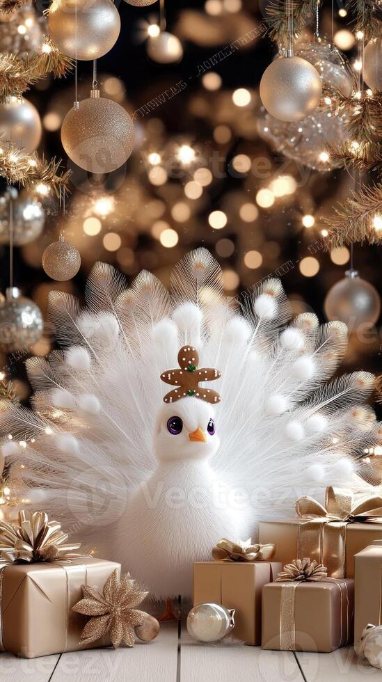 A white peacock with a golden crown sits on a wooden table with presents photo